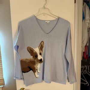 J Jill Sweater Womens Medium Blue Corgi Dog Print